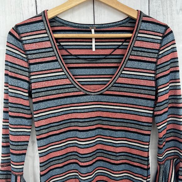 Free People SMALL Surprise Party Tee Shirt Top Blouse Glitter Stripe Bell Sleeve - Picture 4 of 8